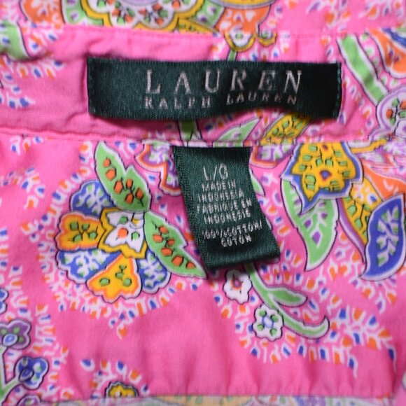 Lauren Ralph Lauren Blouse L Neon Pink Paisley Cotton Button Up Resort Chic - Picture 14 of 15